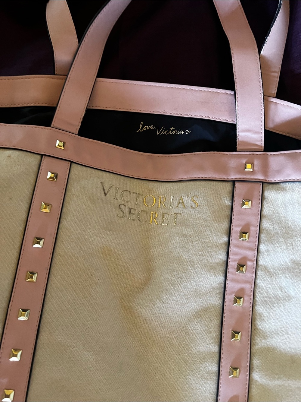 Victoria's Secret Cream and Blush Tote with Gold Studs